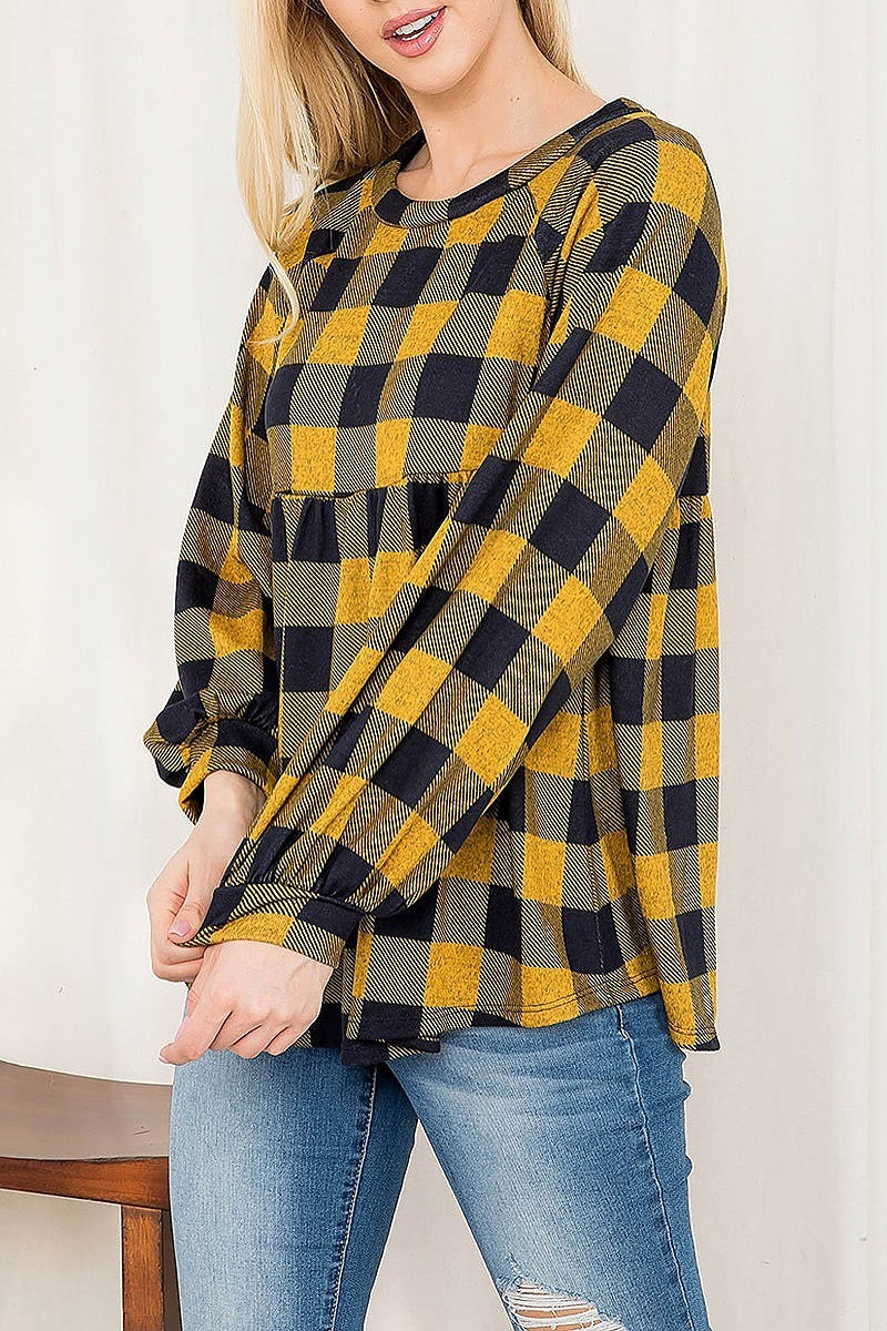 Puff sleeve plaid shirring top (EF2896)