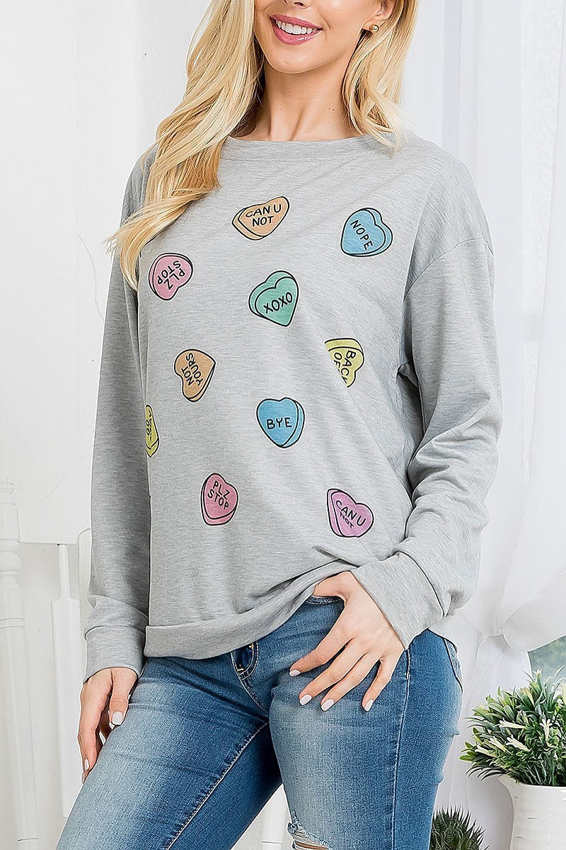 Multi hearts print cuffed long sleeve sweater top (EF3157)