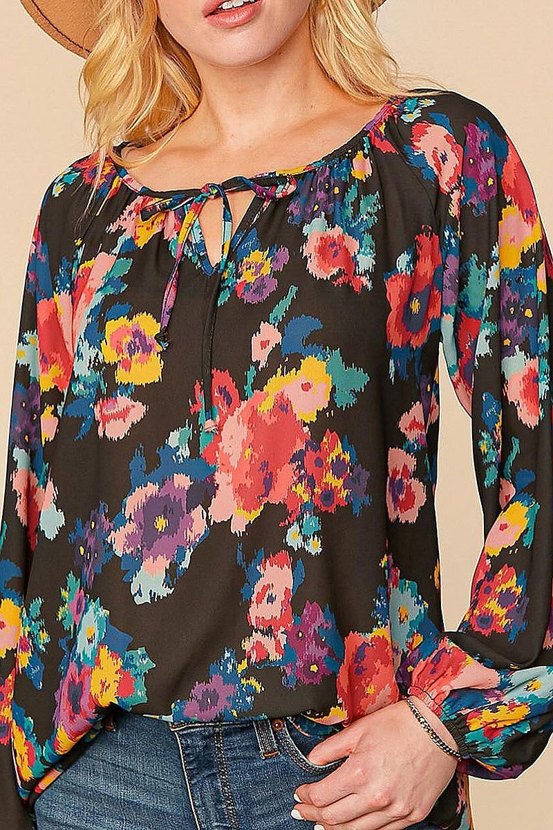 Multi floral front keyhole woven top (ETBM4024)