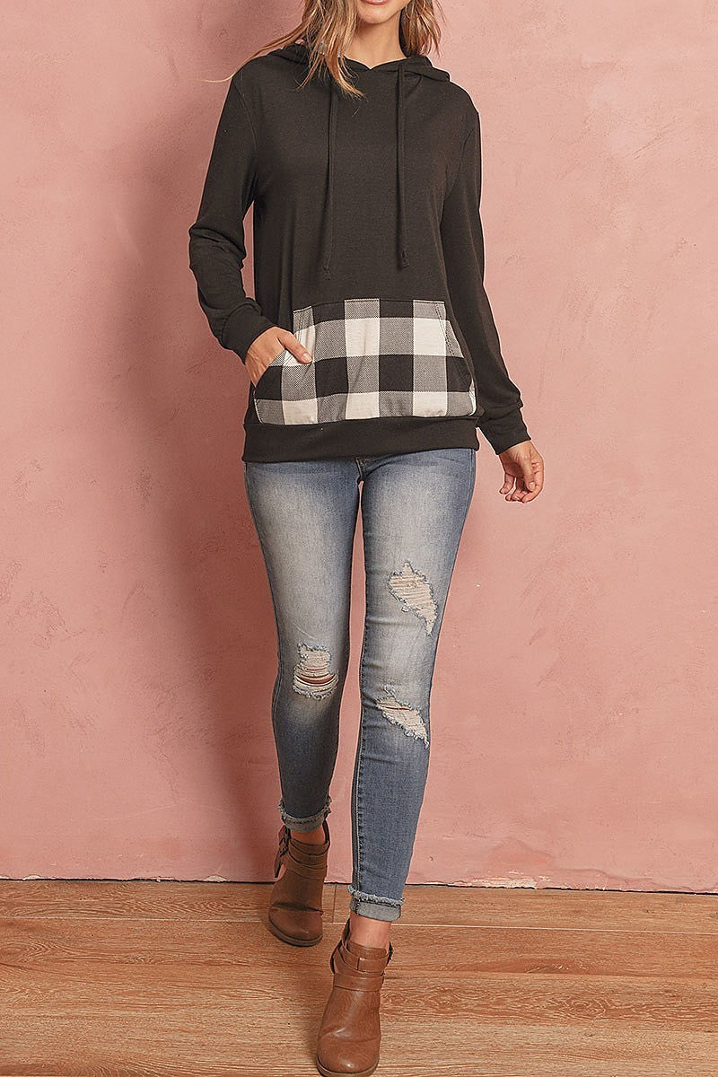 Plaid pocket contrast hoodie with drawstrings (ED8226-1)