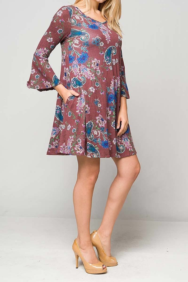 Floral knit bell 3/4 sleeve v-neck shift dress (DGC6976-LAST)