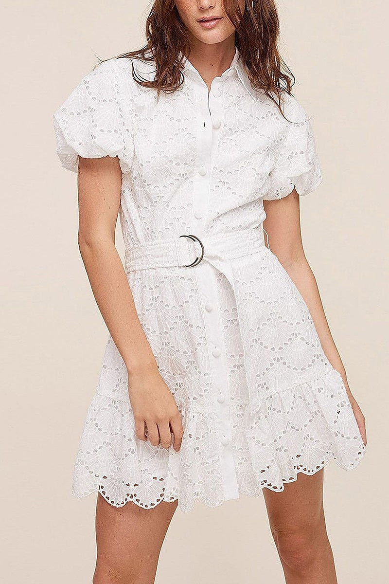 Short puff sleeve button up eyelet mini dress (EFWT5462)