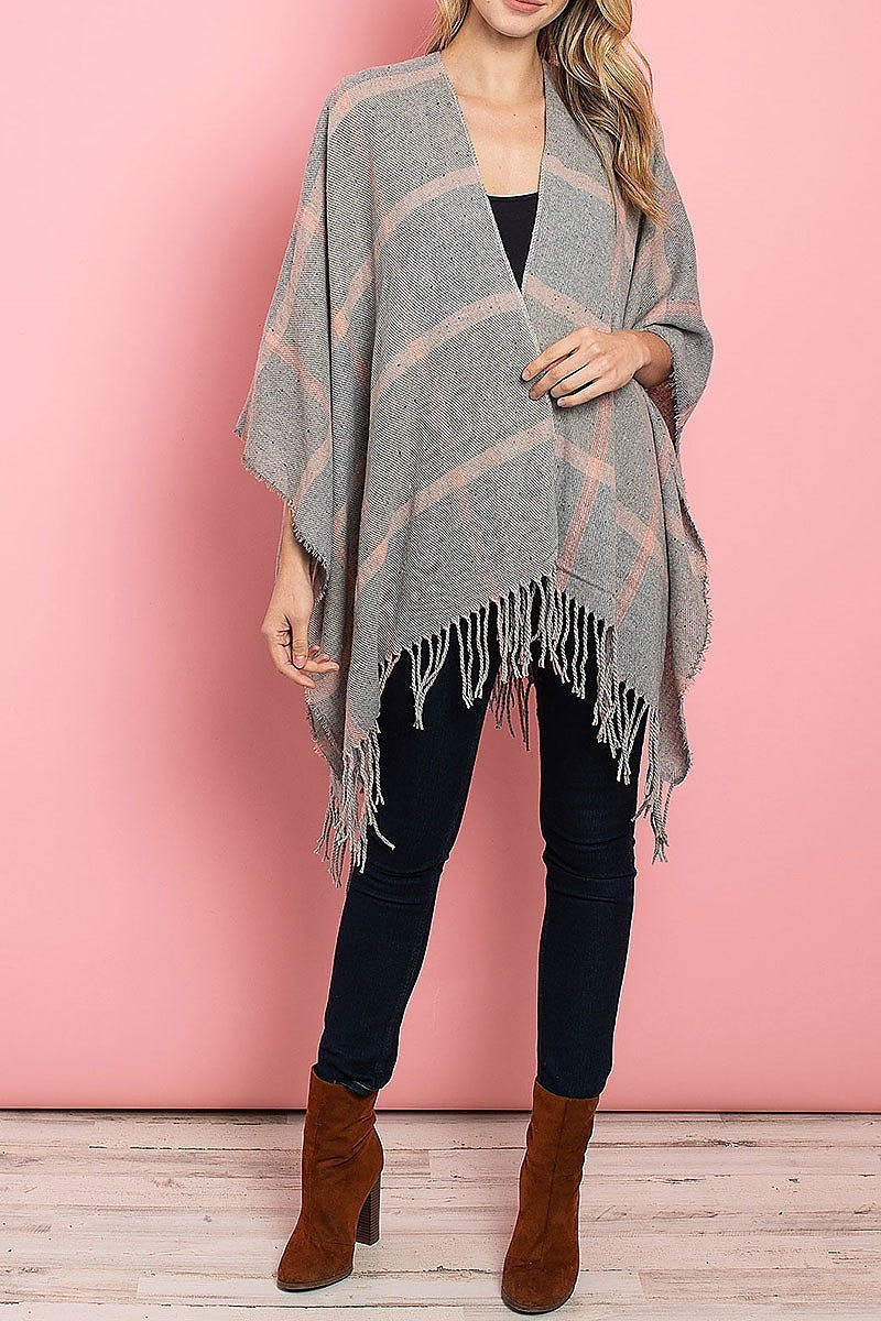 Fringe detail loose fit poncho sweater (DGS4915)