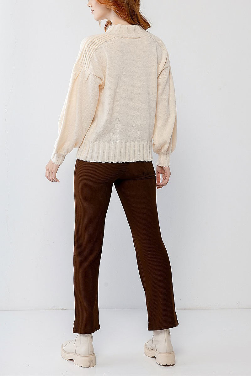 Bubble sleeve ribbed knit detail sweater (TDG9928)