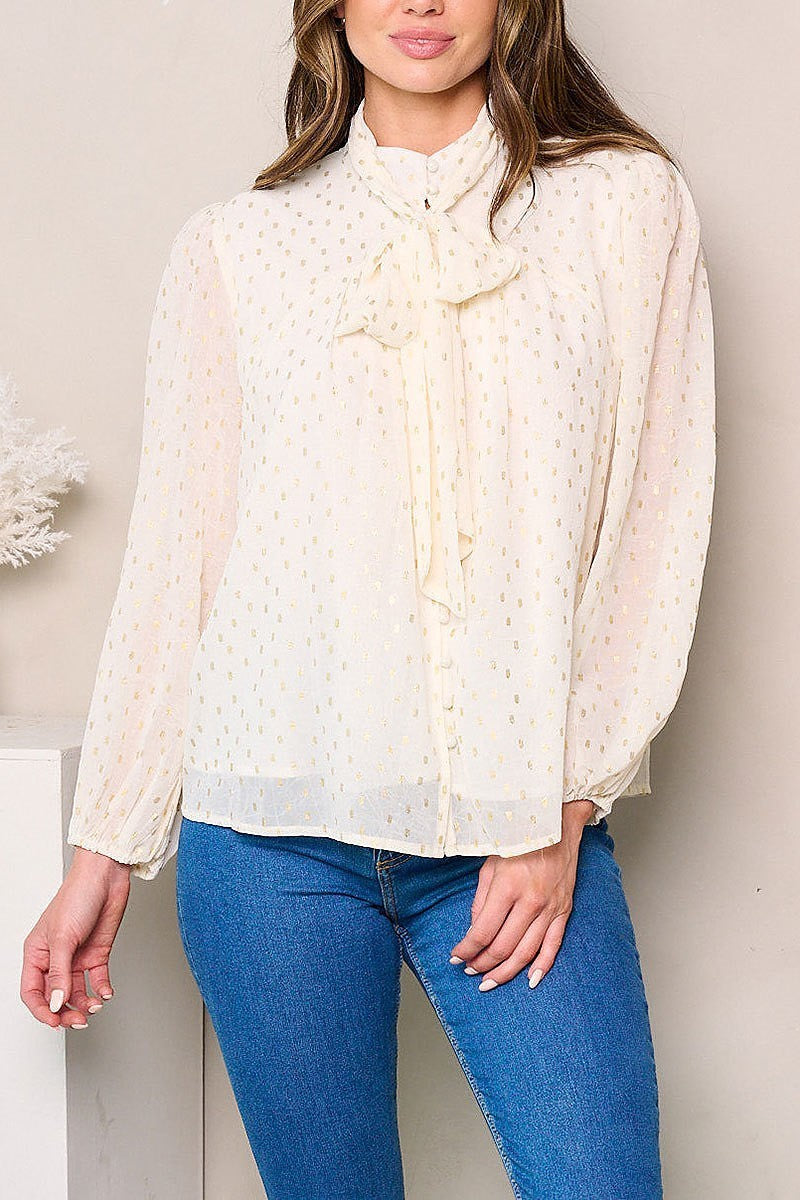 Long sleeve neck tie shimmer detailed blouse top (EFWT3793)