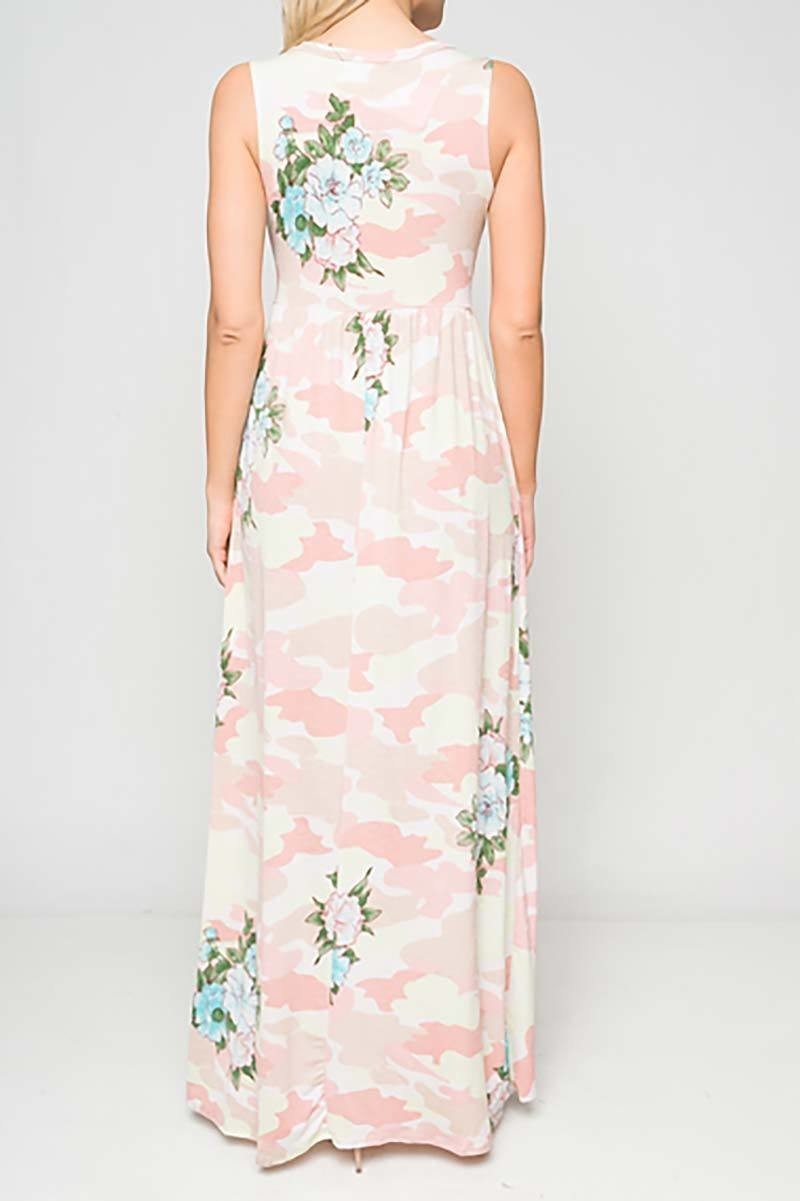 Army floral print sleeveless wrap v-neckline elastic waist maxi dress (DGC4880-LAST)