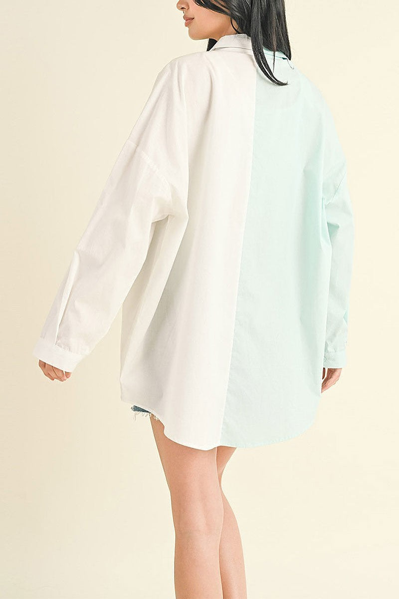 Long sleeve button up colorblock oversized top (EGWT2318)