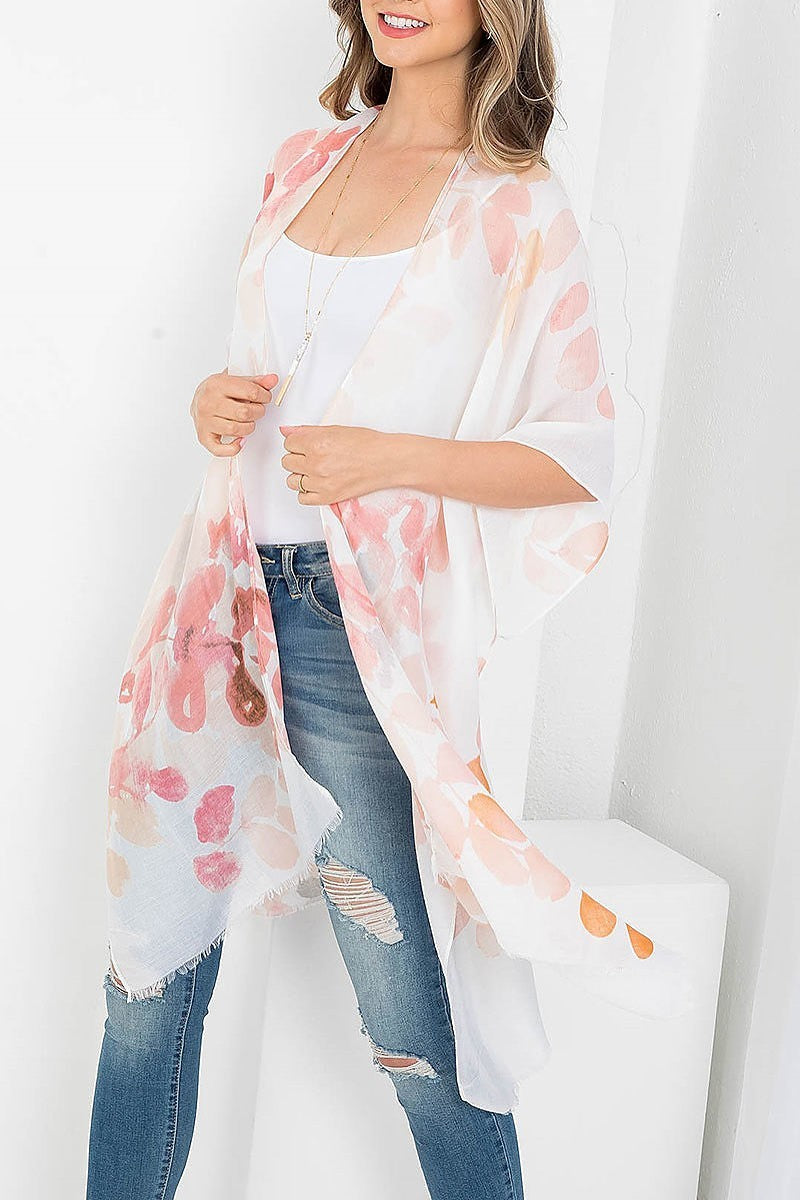 Pastel leaf print open front kimono (EF3617)