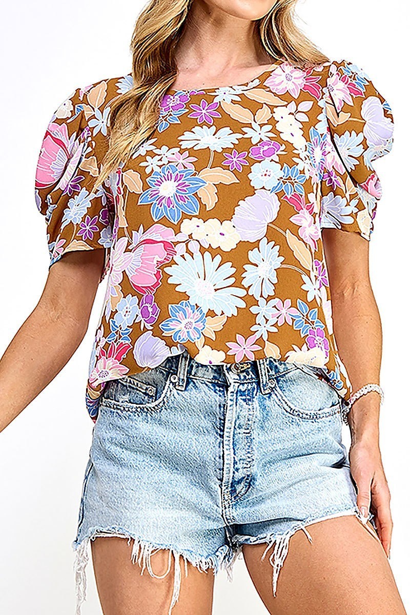 Pleated puff sleeve woven floral top (EF5827)