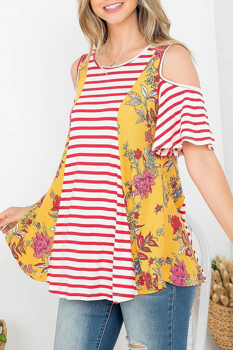 Stripe floral cutout shoulder color block top (EF4333)