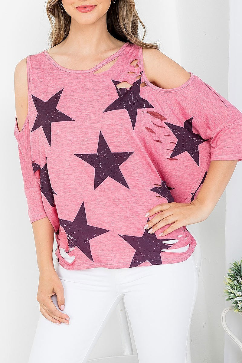 Stars print cold shoulder scoop neck distressed batwing top (EF3695)