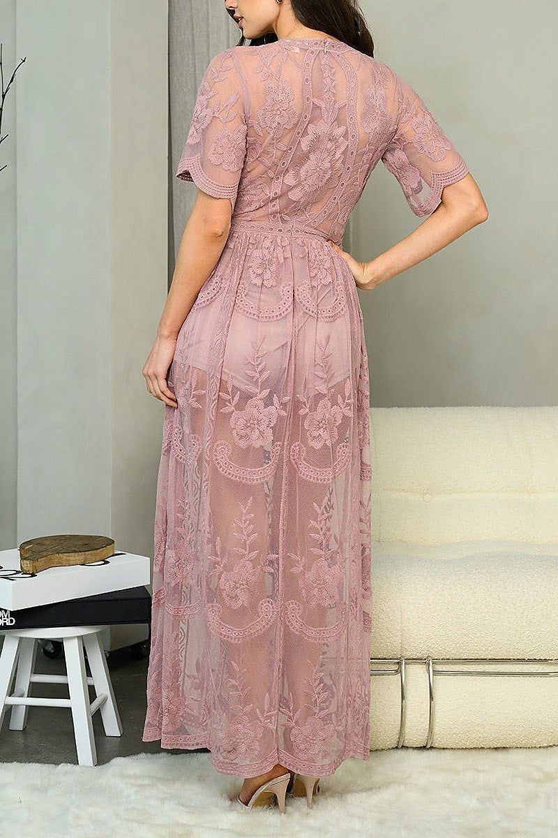 Short sleeve v neck all over lace maxi dress (EDWT6118)