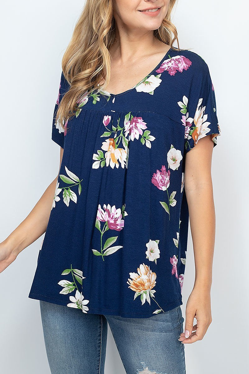 Short sleeve floral print pleated top (EF2162)