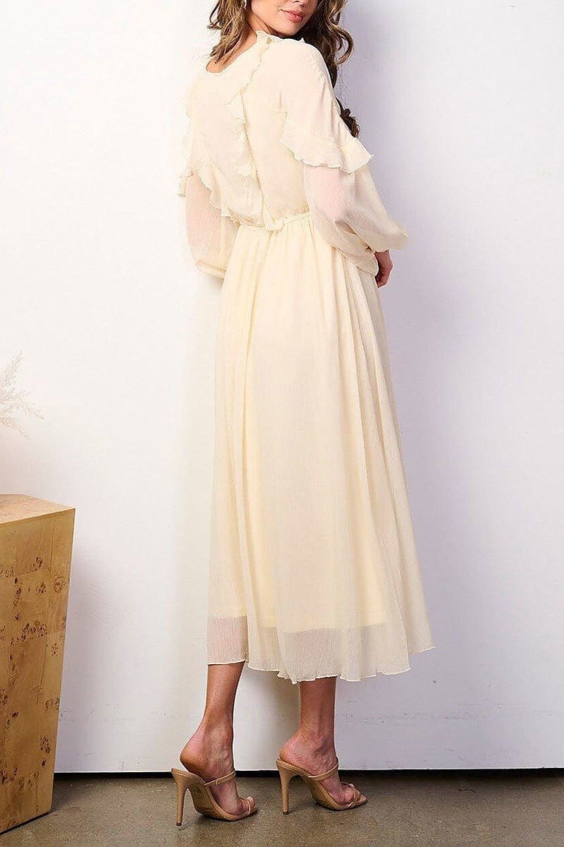 Long sleeve v-neck ruffle elastic waist midi dress (EFWT8394)