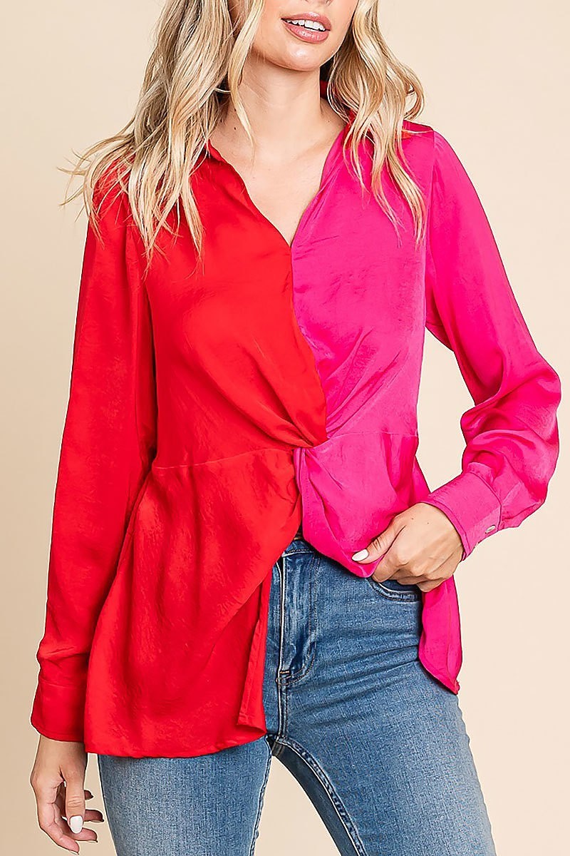 Color block front twisted blouse (EDH1663)