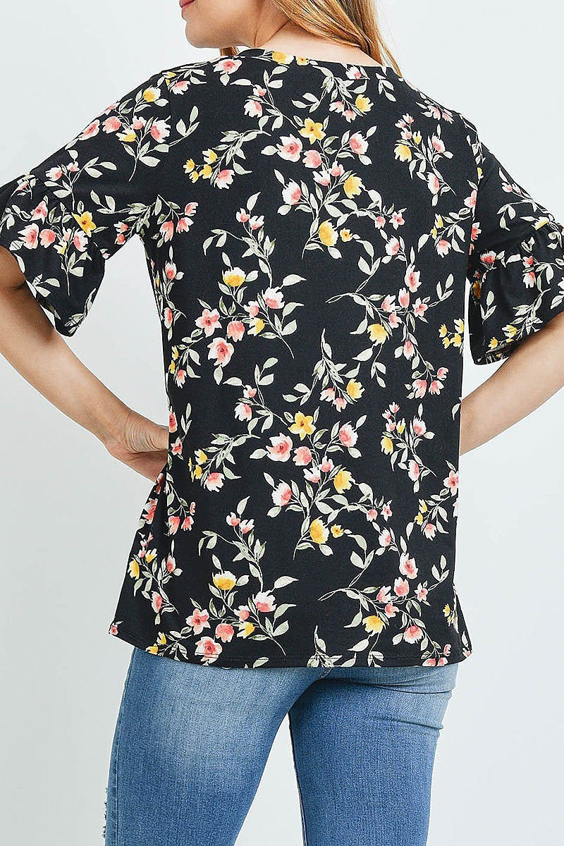 Bell sleeves round neck floral top (ED9699)