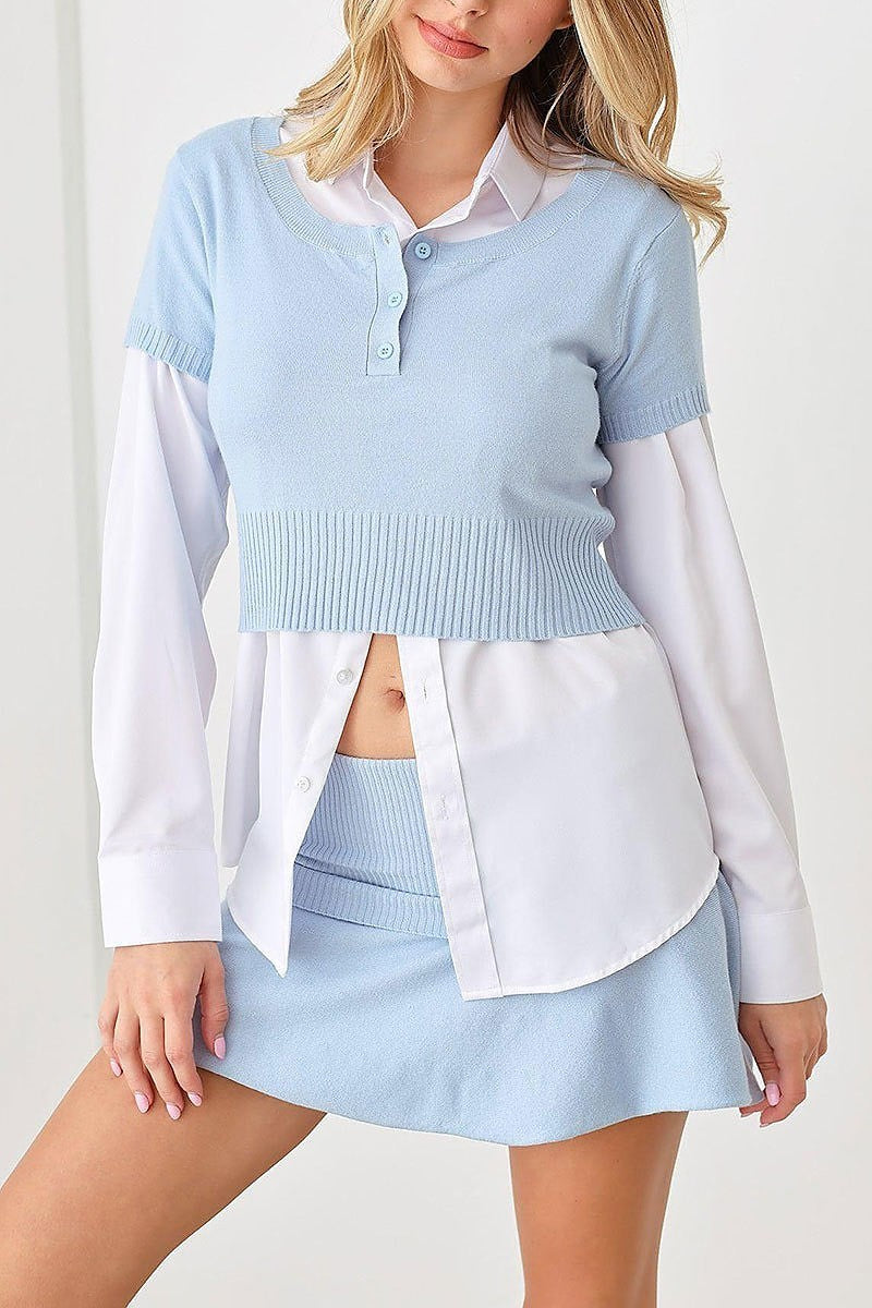 Sweater knit short sleeve crop top skirt set (TED2451)