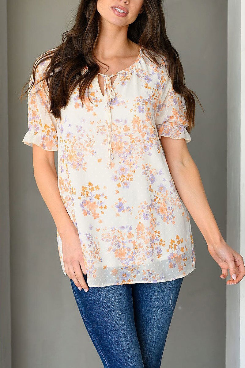 Short ruffle sleeve floral swiss top (EDWT9457)