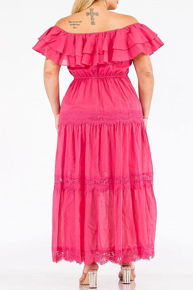 Off shoulder ruffle lace tiered maxi dress (EGWT1339)