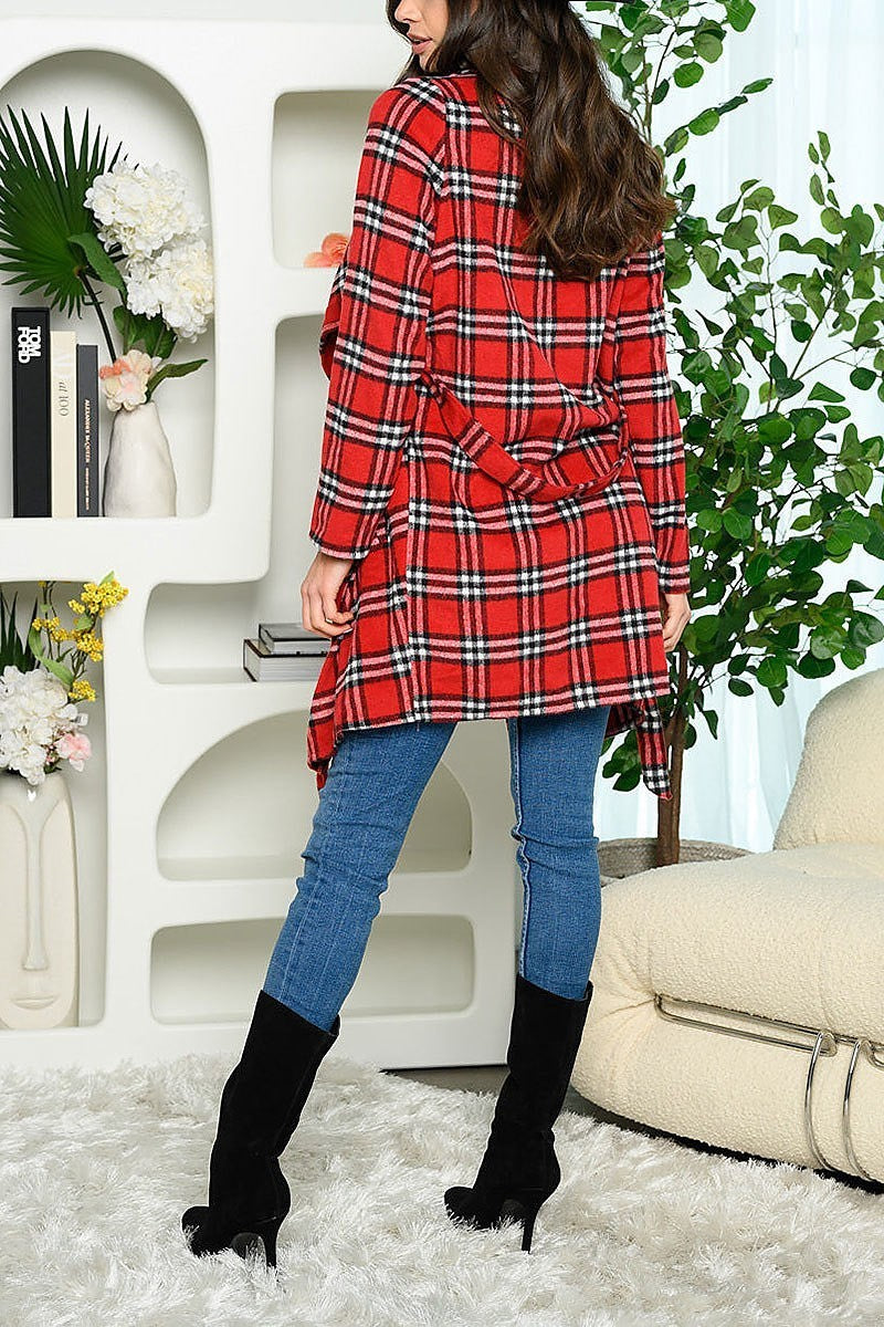 Long sleeve pockets plaid self tie cardigan (EDWT5884)