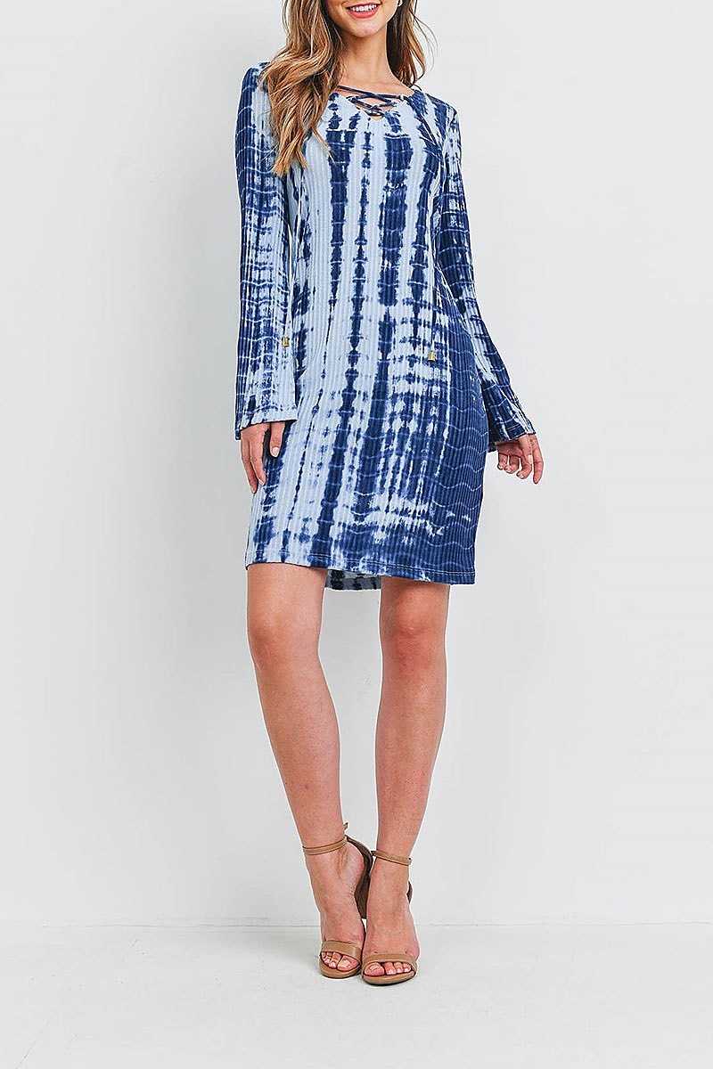 Crisscrossed neck tie dye bell sleeve dress (DED6413)