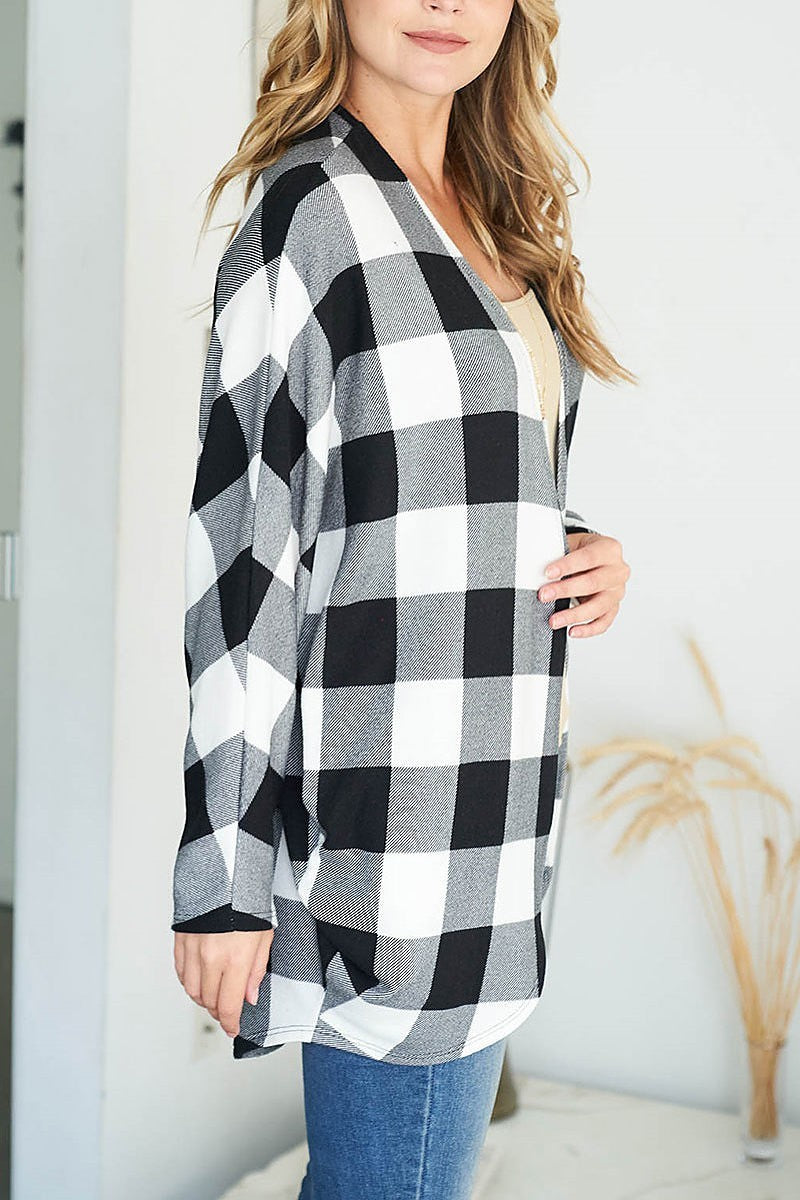 Long sleeve plaid open front cardigan (DGS5607)