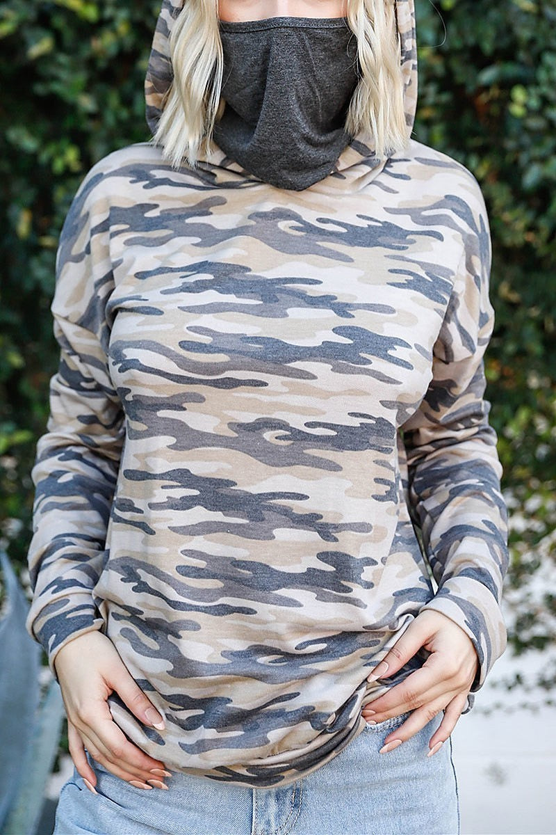 Mask neck detail camo hoodie sweater top (TDG9169)