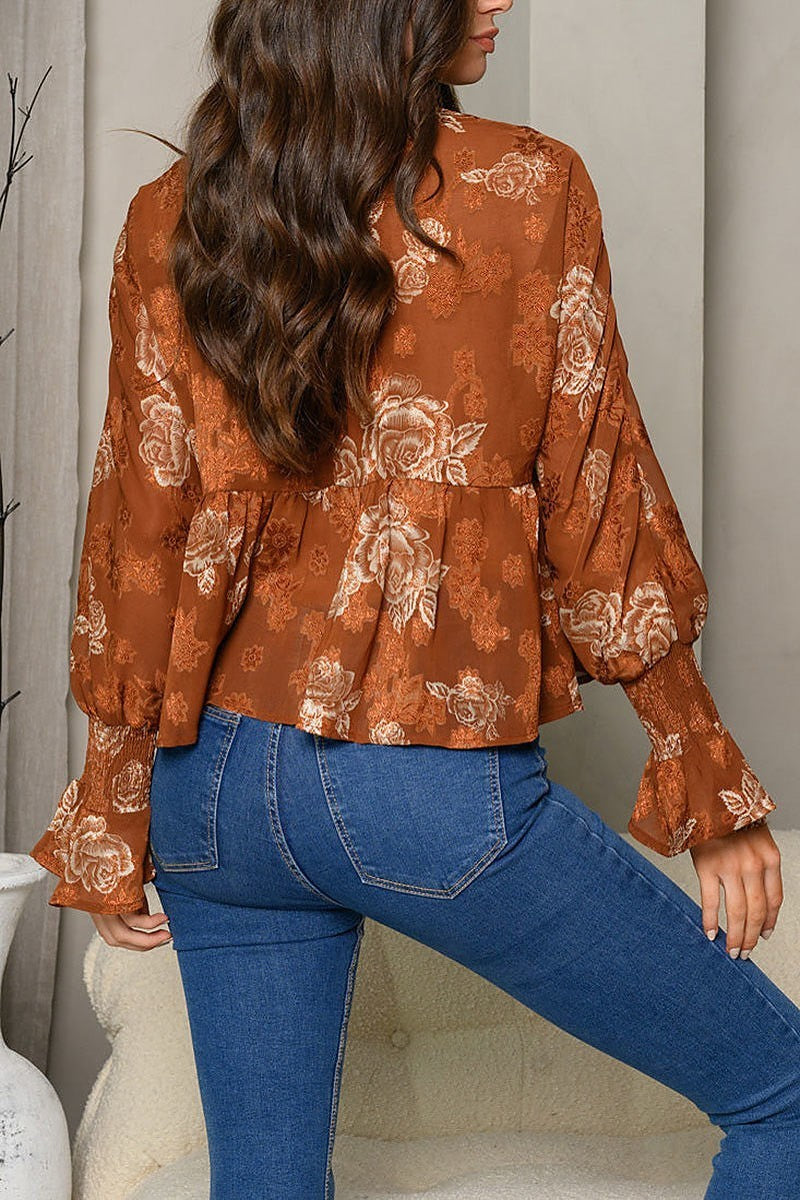 Long sleeve surplice floral blouse top (EDWT7562)