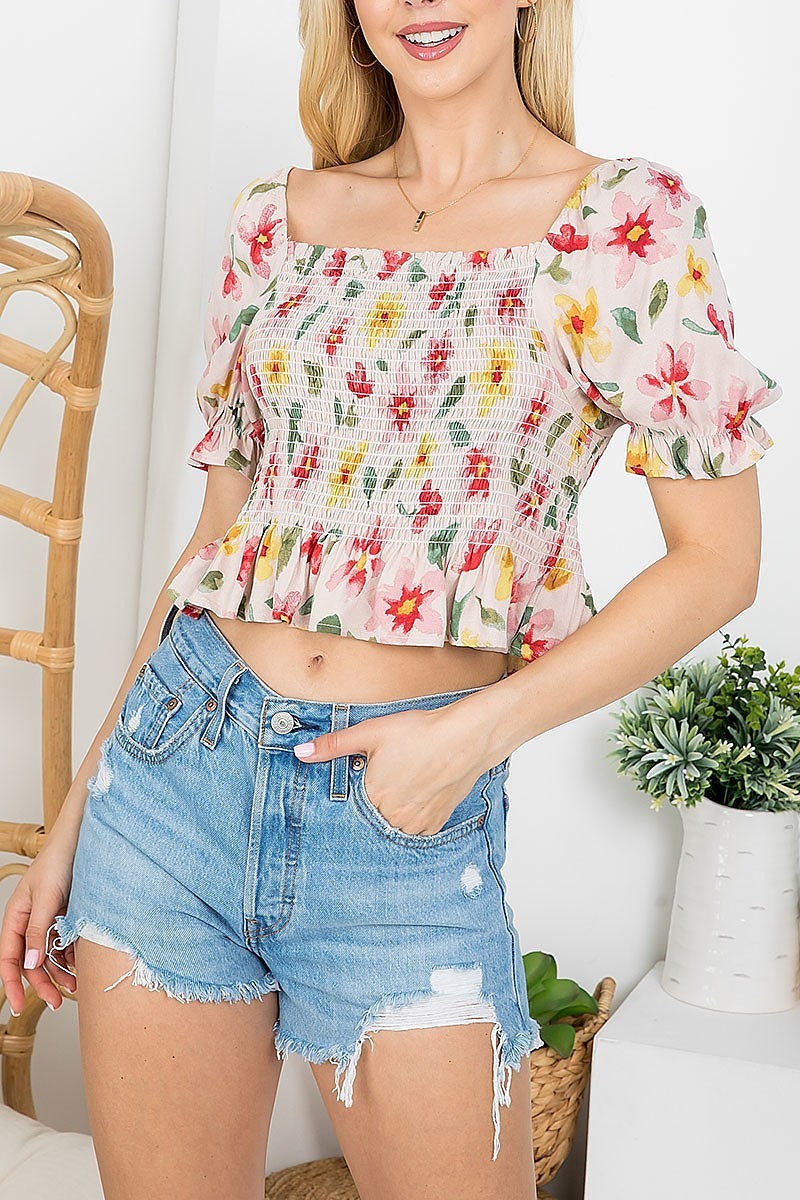 Smoked detail floral puff sleeve top (EF4189)