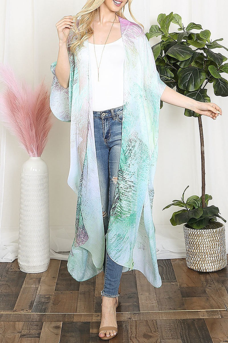 Tie dye multicolor splatter line print open front long kimono (EF5608)