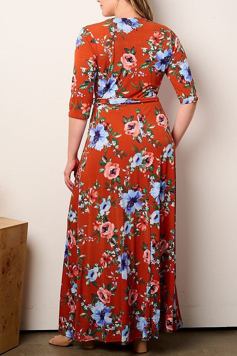 Short sleeve self tie surplice floral maxi dress (EFWT9026)