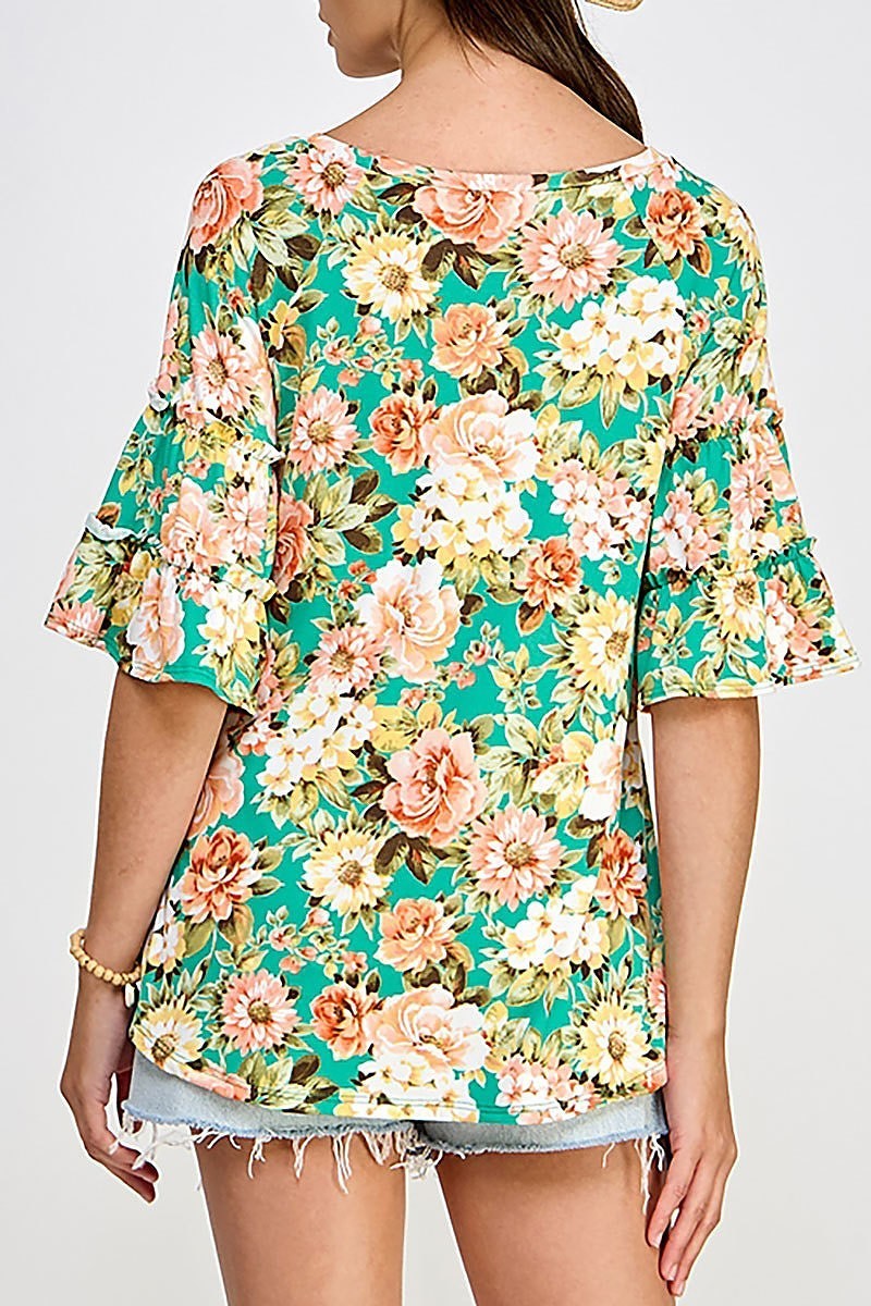 Tiered ruffled bell sleeve floral knit top (EF7337)