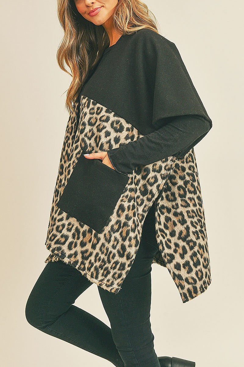 Leopard pocket detail color block kimono (DGS5737)