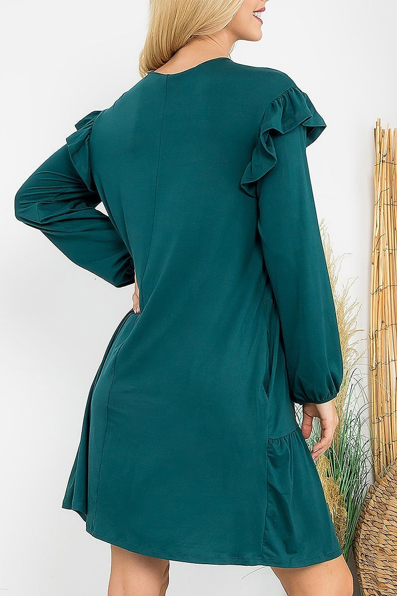 Long sleeve ruffle detail solid dress (DED8851)