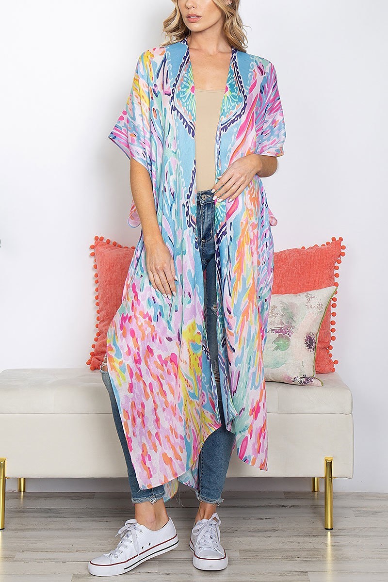 Boho tropical print summer long kimono (EF5327)