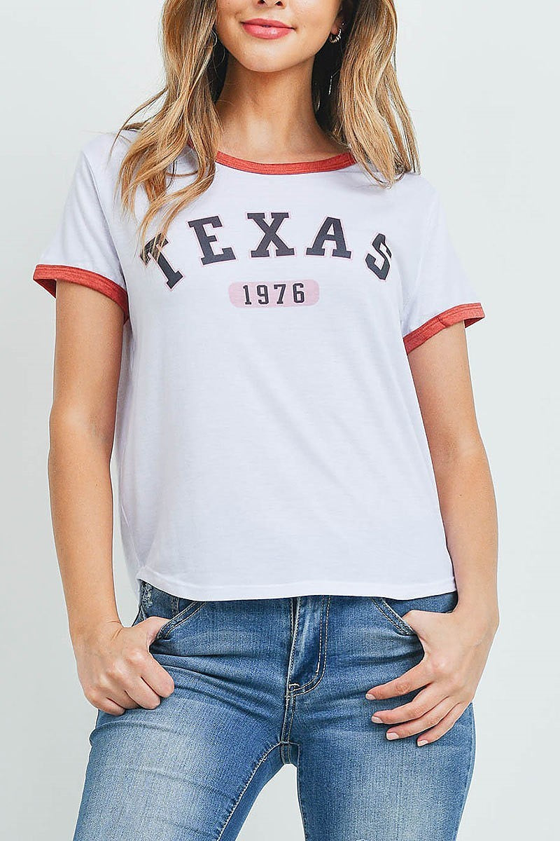 Round neck texas graphic color block top (ED9615)