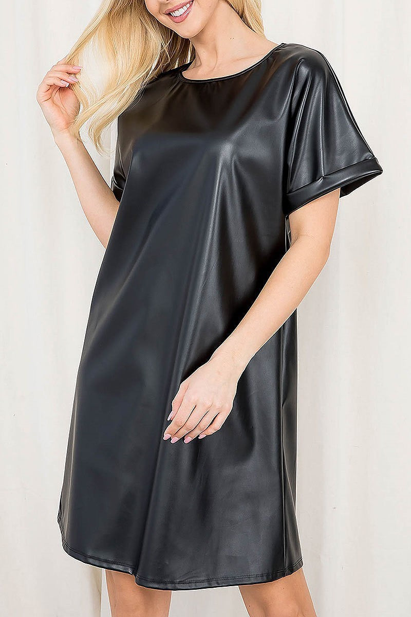 Round neck faux leather solid dress (DED7085)