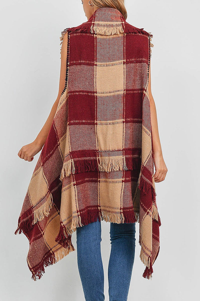 Knit plaid open front kimono vest (EF1747)