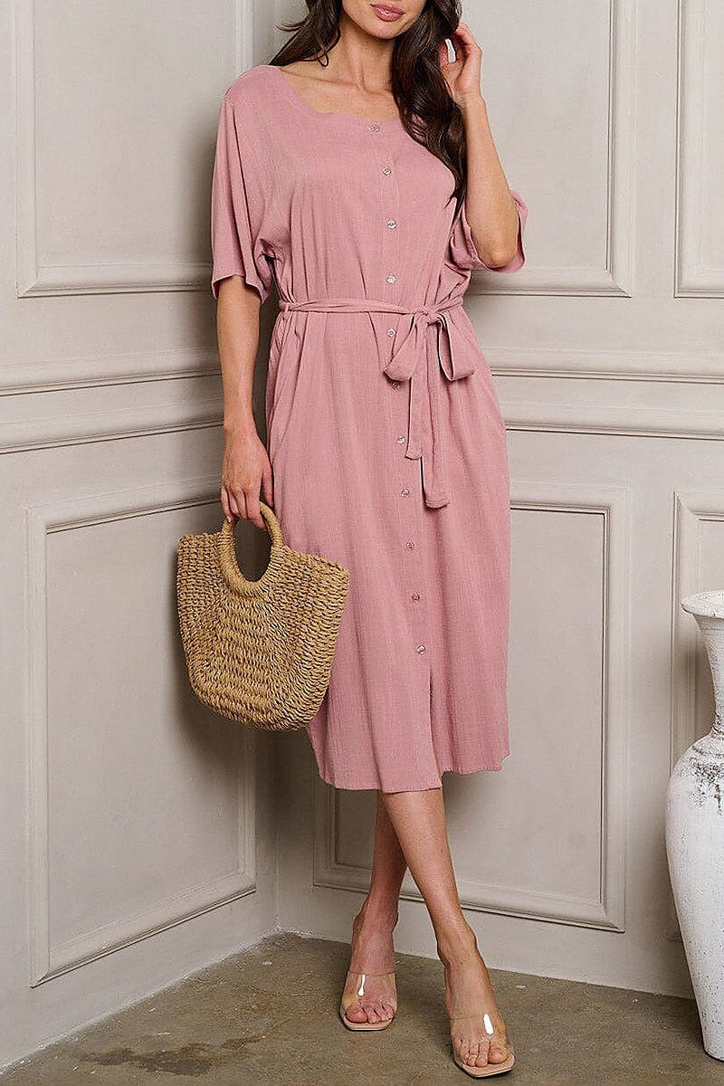 Short sleeve button up self tie midi dress (EDWT9993)