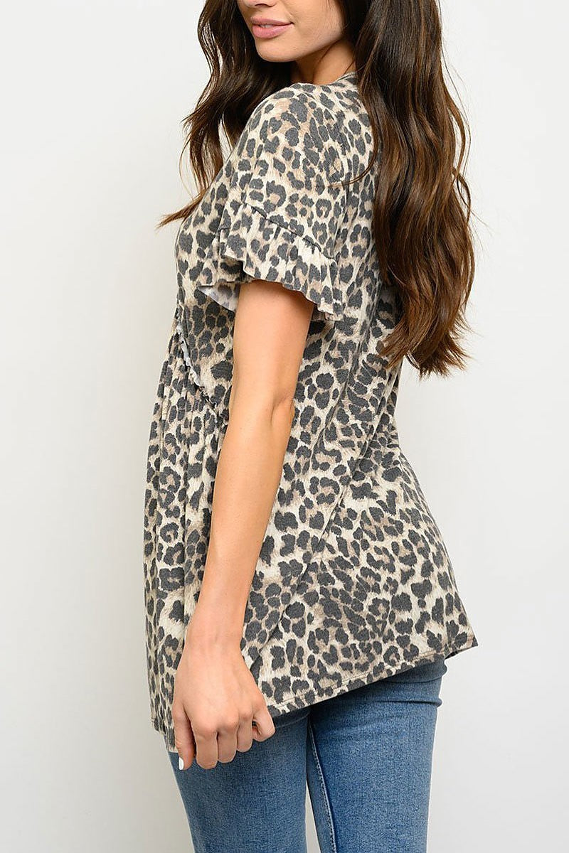 V neck ruched detail animal print top (EDWT3061)