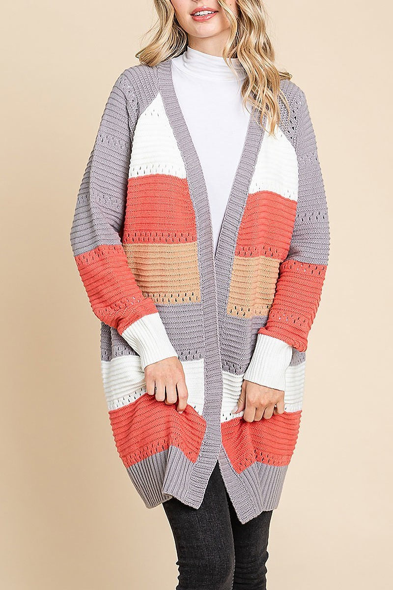 Color block open knit cardigan (EDH1814)