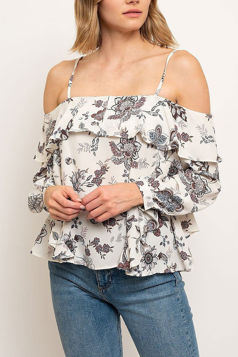 Off shoulder ruffle detail floral print top (EDWT2509)