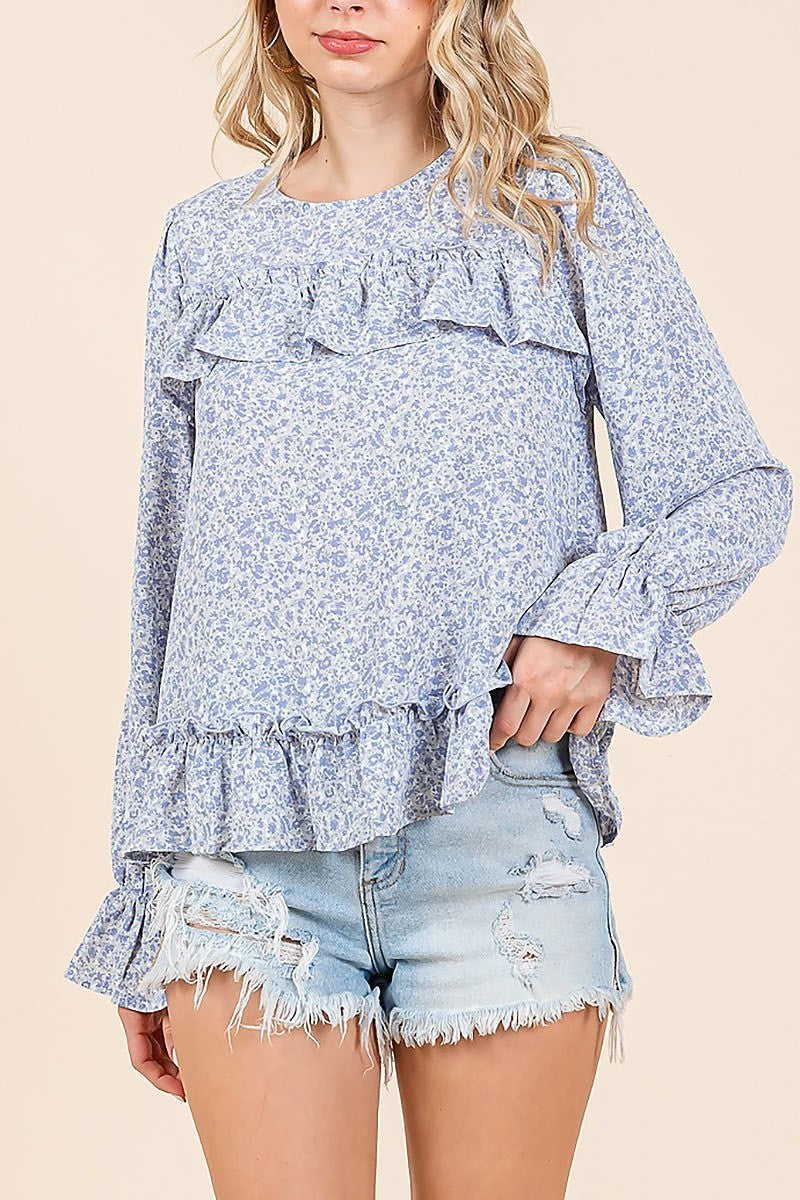 Floral printed long sleeve blouse with ruffle (EDH2176)