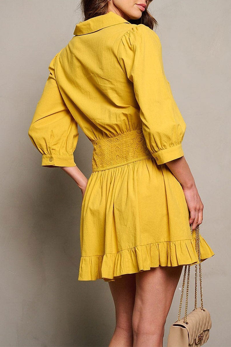 3/4 sleeve smock ruffle v-neck detailed mini dress (EGWT1822)