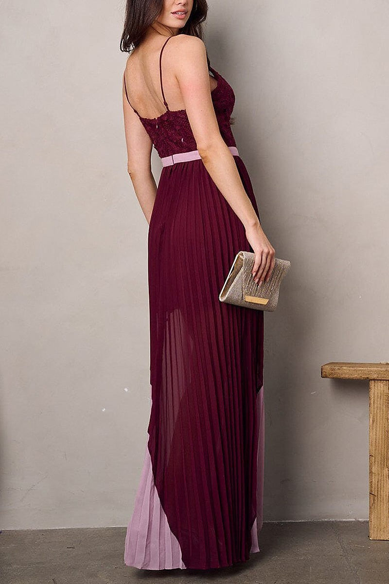 Sleeveless v-neck front slit pleated colorblock maxi dress (EFWT2278)