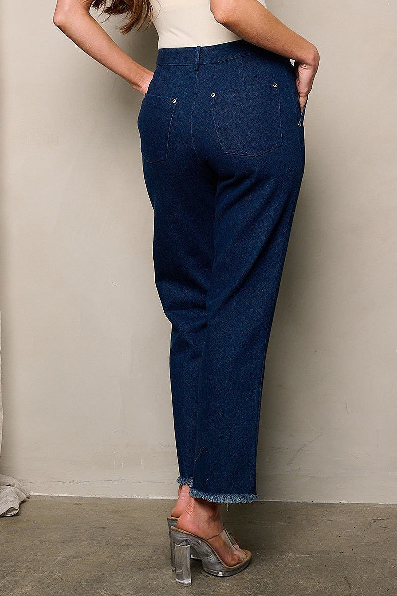 Button closure wide leg pockets two tone pants (EFWT4409)