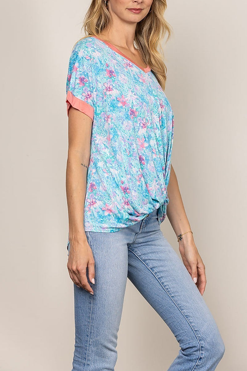 Floral print v-neck short sleeves knit top (EDSW4284)