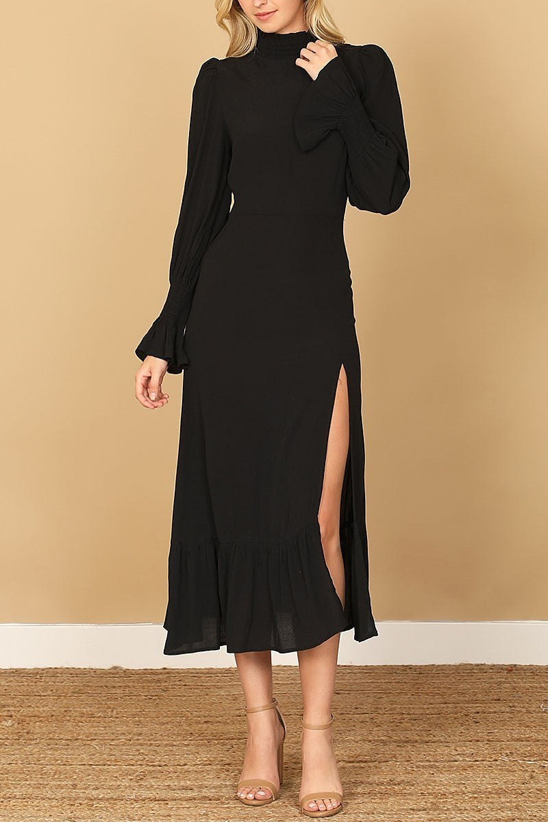 Smocked neck and long sleeve side slit solid dress (DED9785)