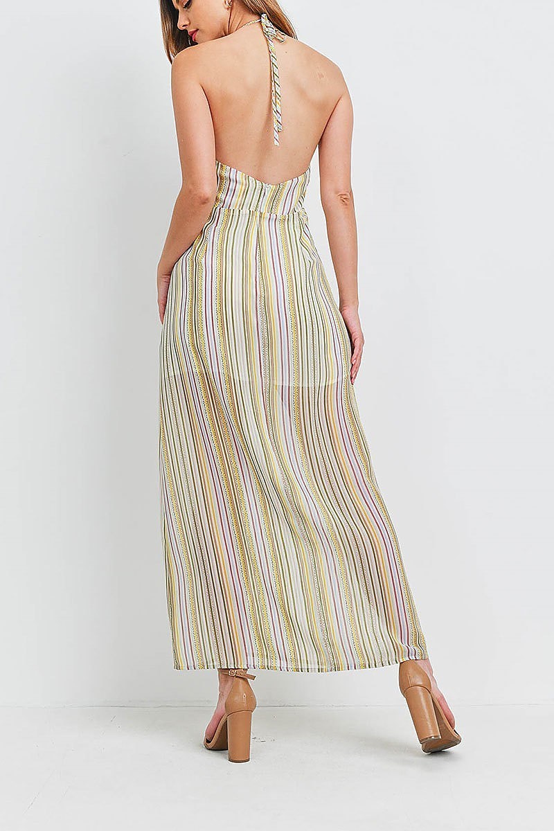 Stripe print halter neck maxi dress (DED6417)