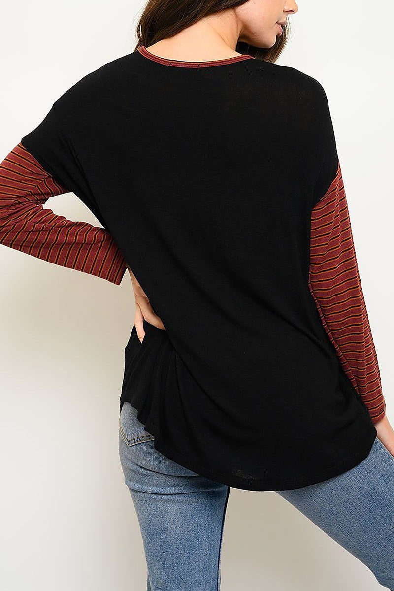 Long sleeve v neck lace up top (EDWT3525)